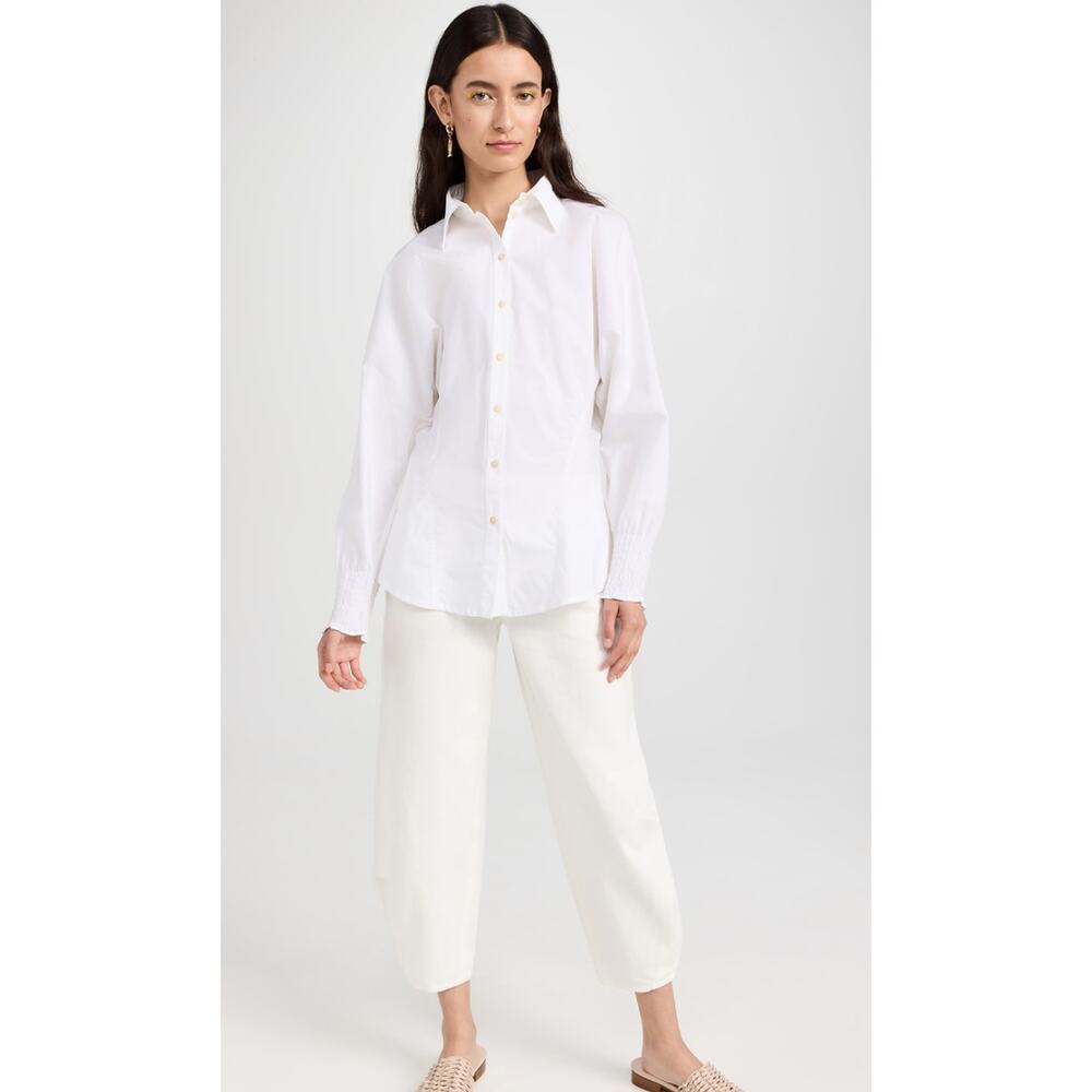 MERLETTE‎ Orient White Long Sleeve Gathered Button Down Shirt Women's Size 8 NWT